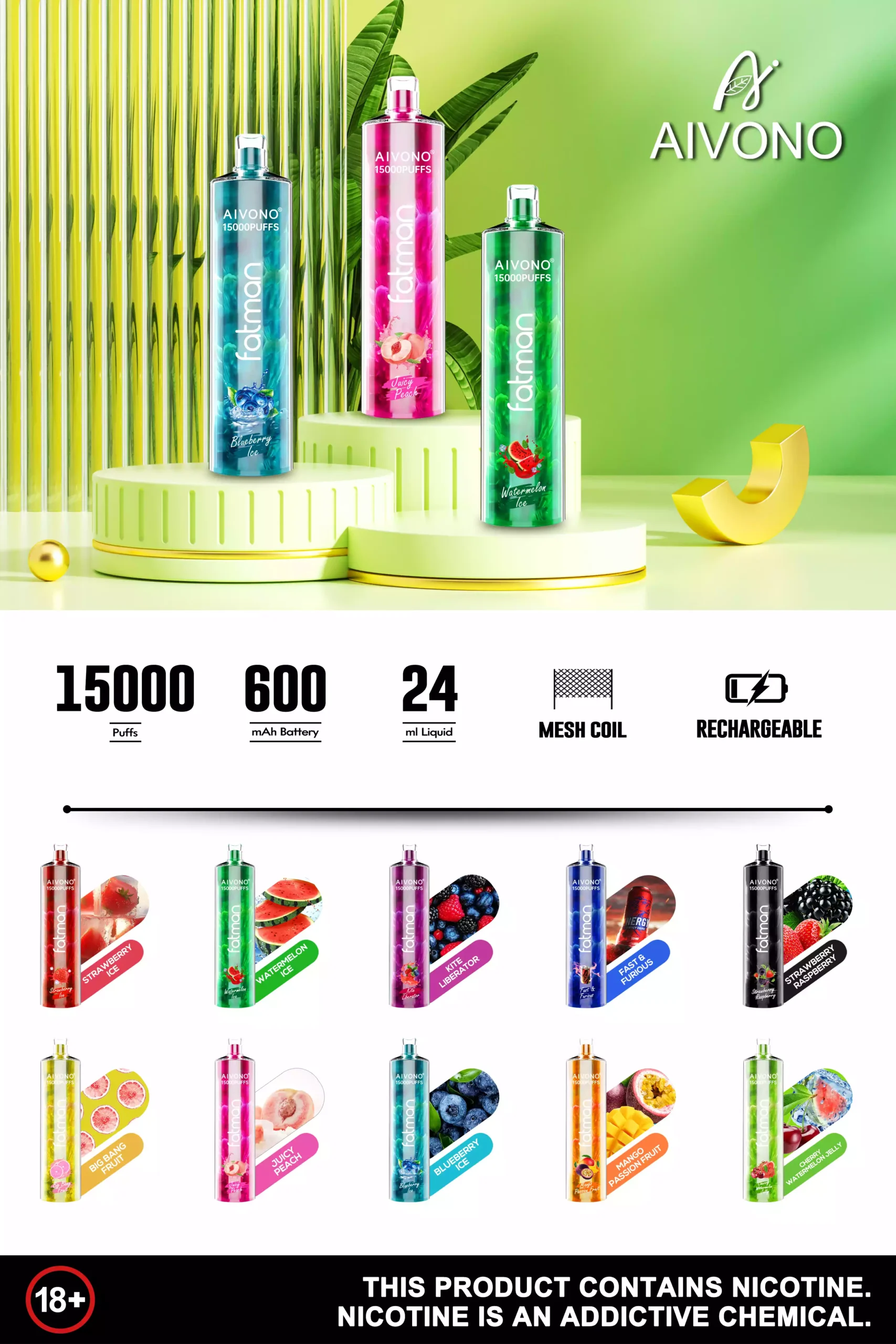 AIVONO FATMAN 15000 Puffs 0% 2% 3% 5% Nicotina Vape Pen desechable (1) AIVONO FATMAN 15000 Puffs 0% 2% 3% 5% Nicotina Vape Pen desechable (1)