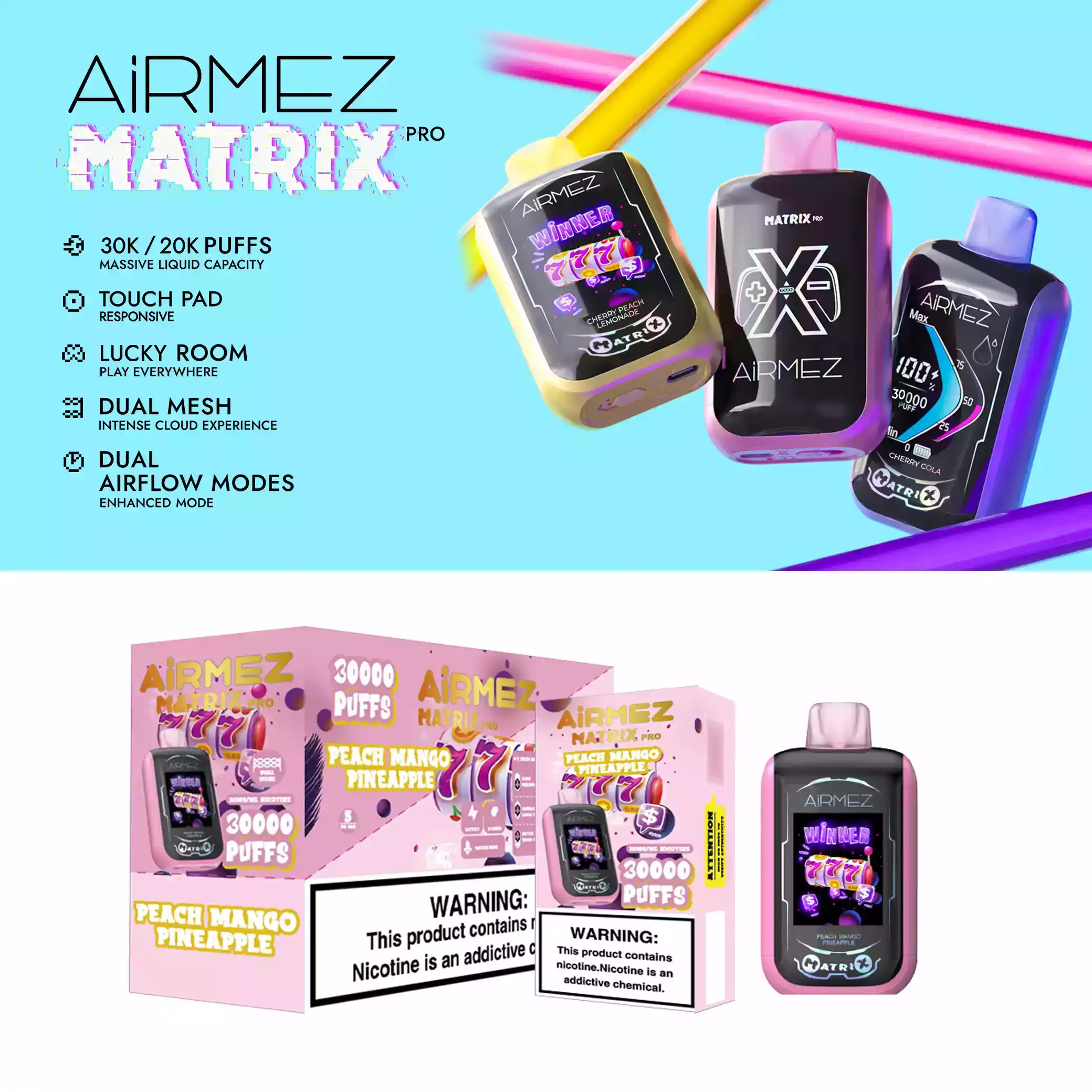 Airmez Matrix Pro 30000 Puffs Dual Mesh Box Disposable Vape with LED Display (18) Airmez Matrix Pro 30000 Puffs Dual Mesh Box Disposable Vape with LED Display (18)