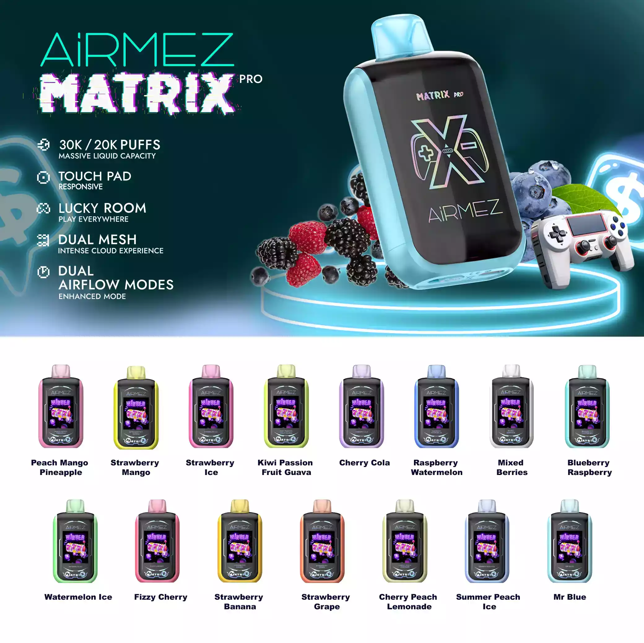 Airmez Matrix Pro 30000 Puffs Dual Mesh Box Disposable Vape with LED Display (19) Airmez Matrix Pro 30000 Puffs Dual Mesh Box Disposable Vape with LED Display (19)