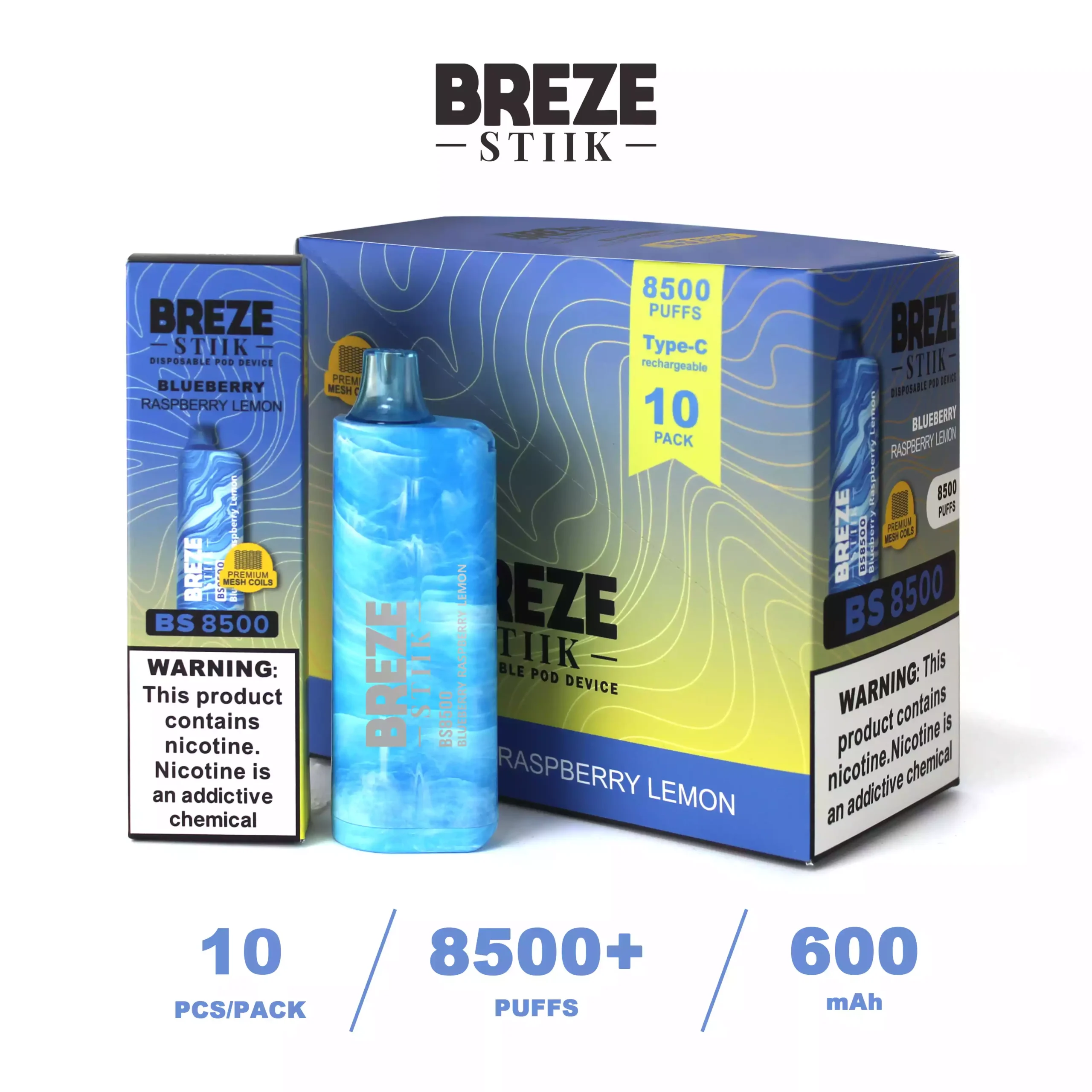 BREZE STIIK 8500 Puffs Single-Use E-Cigarette 2% 5% Nicotine Large E-Liquid Capacity for (1) BREZE STIIK 8500 Puffs Single-Use E-Cigarette 2% 5% Nicotine Large E-Liquid Capacity for (1)