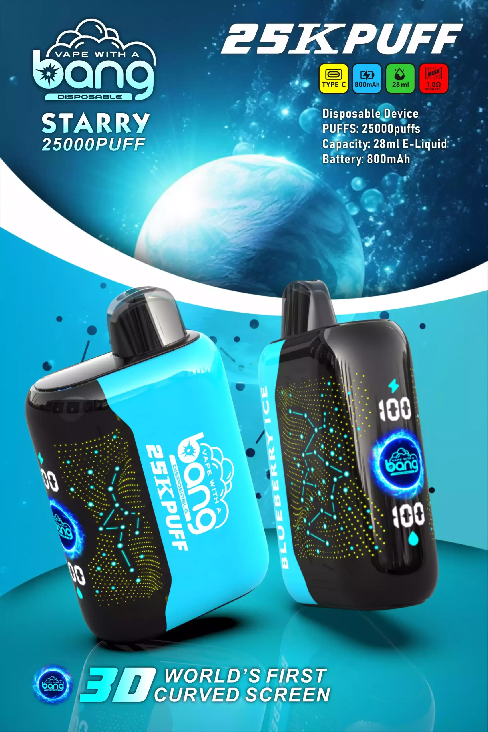 Bang STARRY 25000 Puffs High-Quality Disposable Vape with 28ml E-Liquid and Mesh Coil (1) Bang STARRY 25000 Puffs High-Quality Disposable Vape with 28ml E-Liquid and Mesh Coil (1)