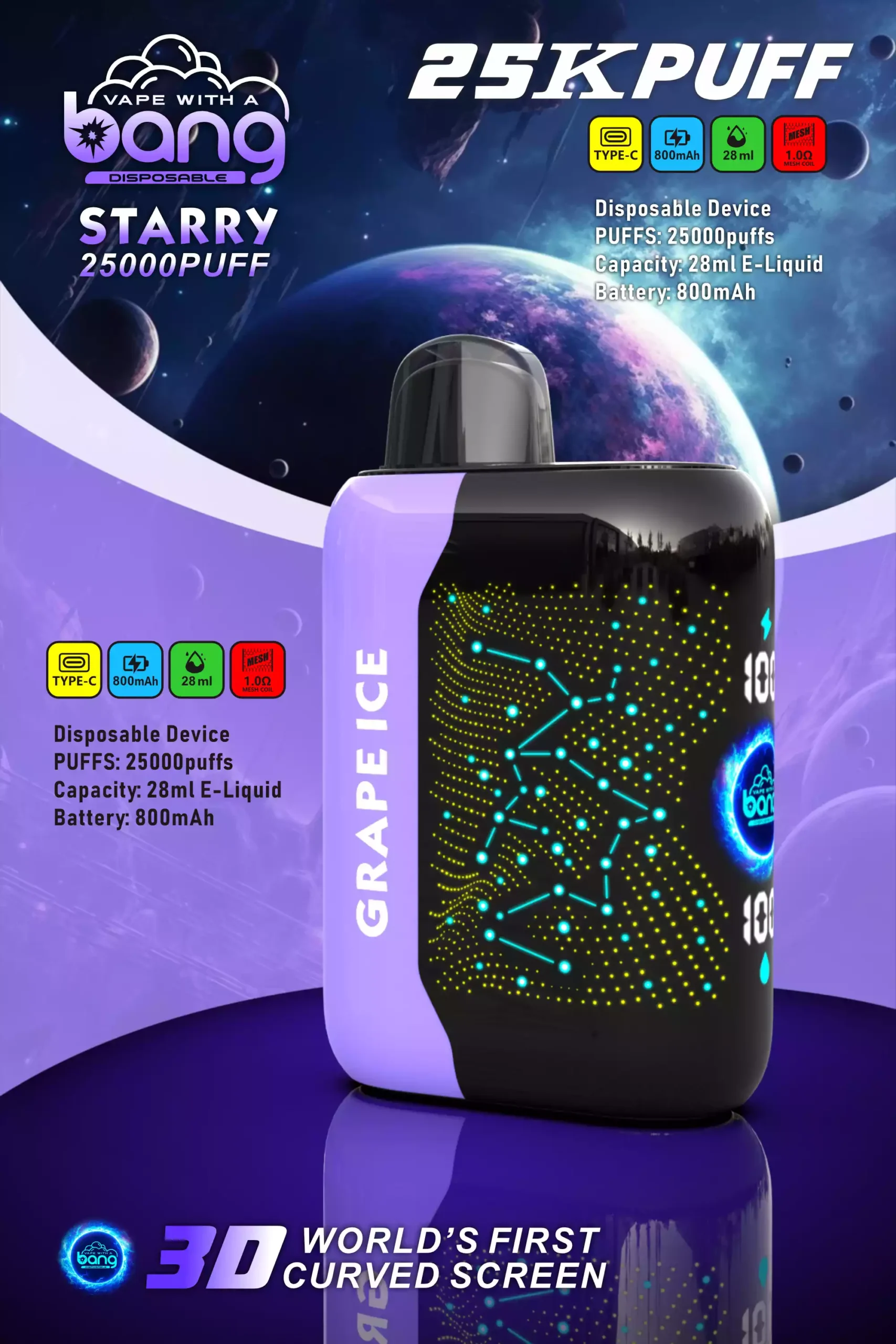 Bang STARRY 25000 Puffs High-Quality Disposable Vape with 28ml E-Liquid and Mesh Coil (4) Bang STARRY 25000 Puffs High-Quality Disposable Vape with 28ml E-Liquid and Mesh Coil (4)