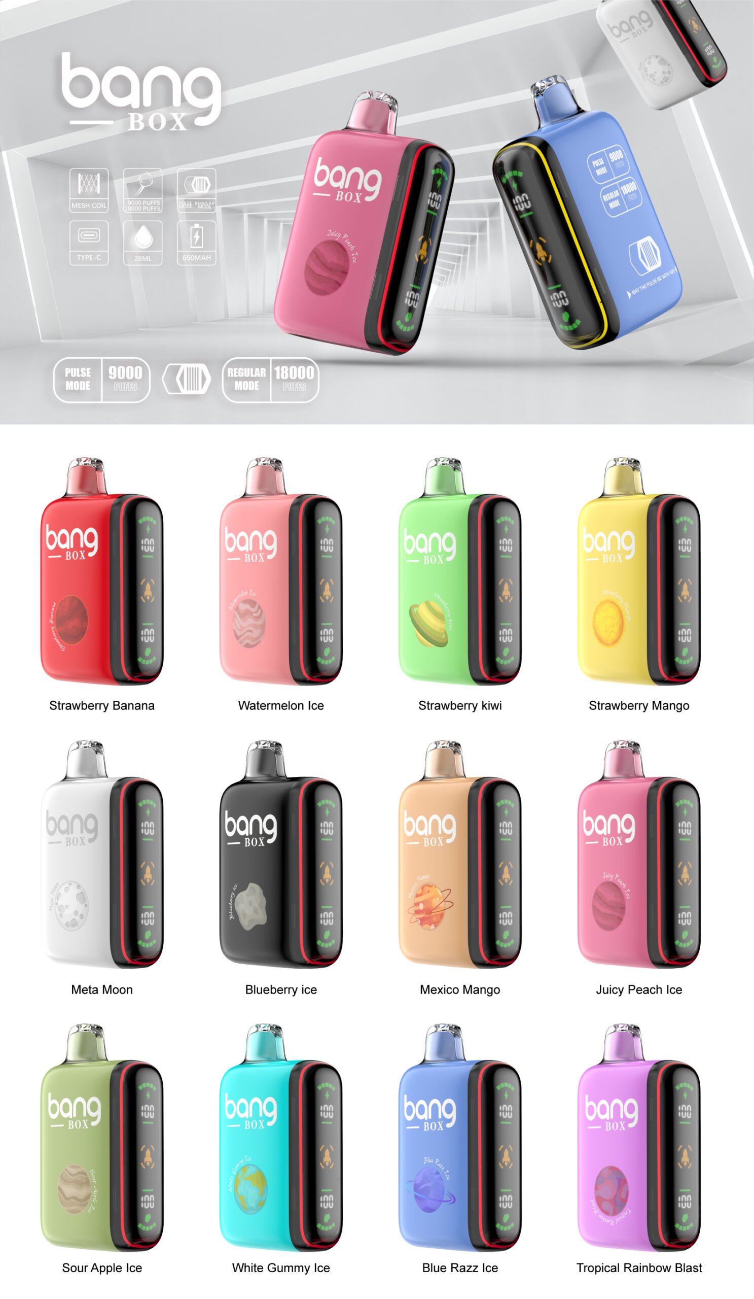 BangBOX 9000-18000 Puffs Disposable Vape with 28ml Prefilled Liquid and Mesh Coil Featuring (6) BangBOX 9000-18000 Puffs Disposable Vape with 28ml Prefilled Liquid and Mesh Coil Featuring (6)