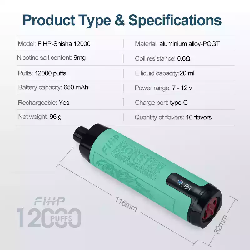 FIHP Shisha Hookah 12000 Puffs Einweg Vape Hohe Kapazität, reiche Aromen & LED-Anzeige (1) FIHP Shisha Hookah 12000 Puffs Einweg Vape Hohe Kapazität, reiche Aromen & LED-Anzeige (1)