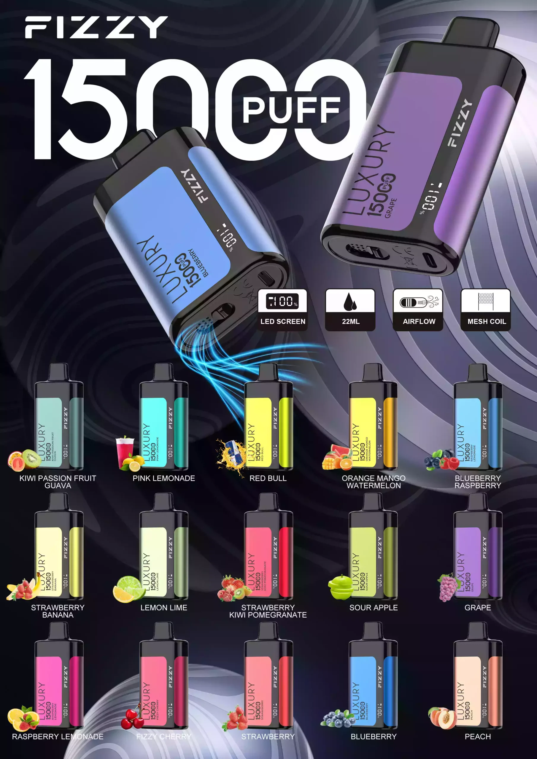 Fizzy Luxury 15000 Puffs Disposable Vape with Mesh Coil and High Nicotine Options 2% 5% in 22ml Prefilled Liquid (17) Fizzy Luxury 15000 Puffs Disposable Vape with Mesh Coil and High Nicotine Options 2% 5% in 22ml Prefilled Liquid (17)