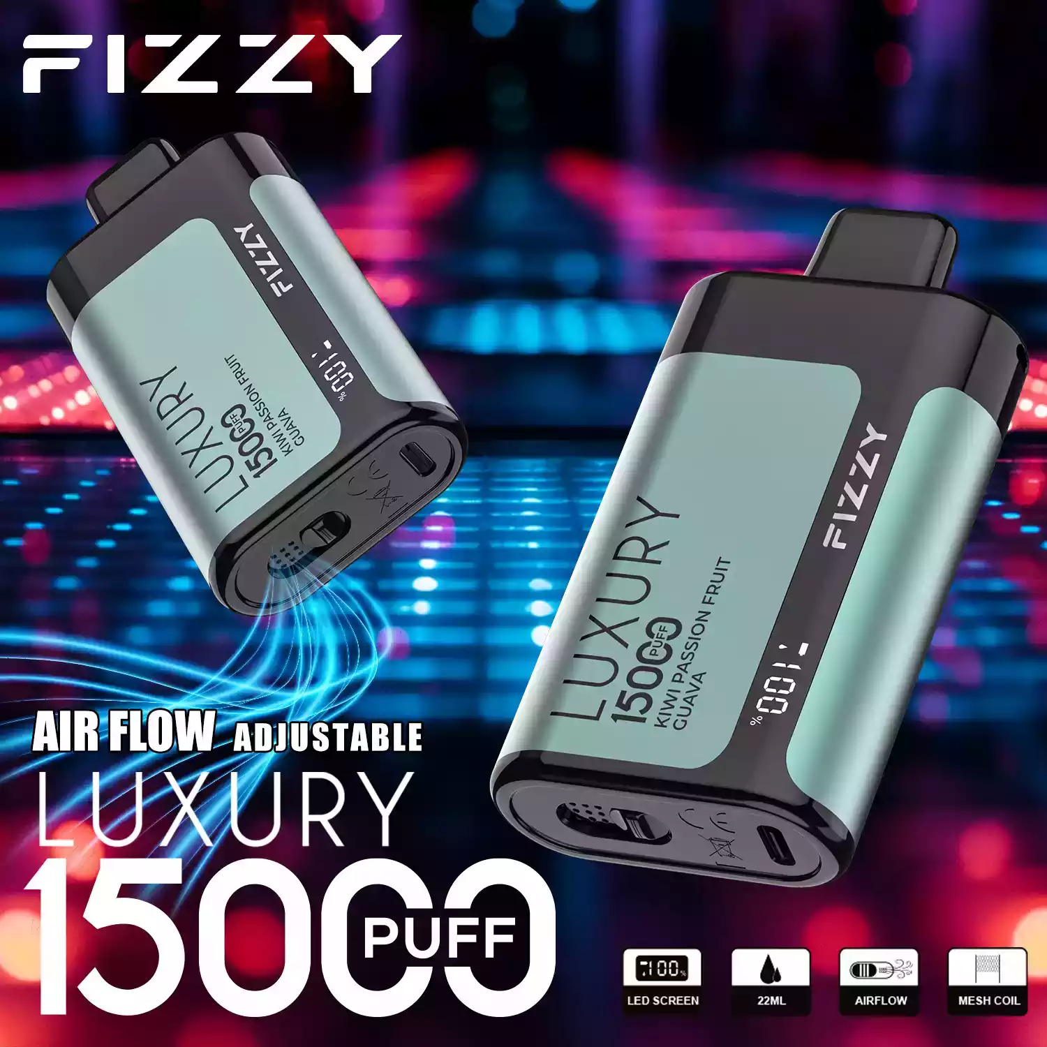 Fizzy Luxury 15000 Puffs Disposable Vape with Mesh Coil and High Nicotine Options 2% 5% in 22ml Prefilled Liquid (7) Fizzy Luxury 15000 Puffs Disposable Vape with Mesh Coil and High Nicotine Options 2% 5% in 22ml Prefilled Liquid (7)