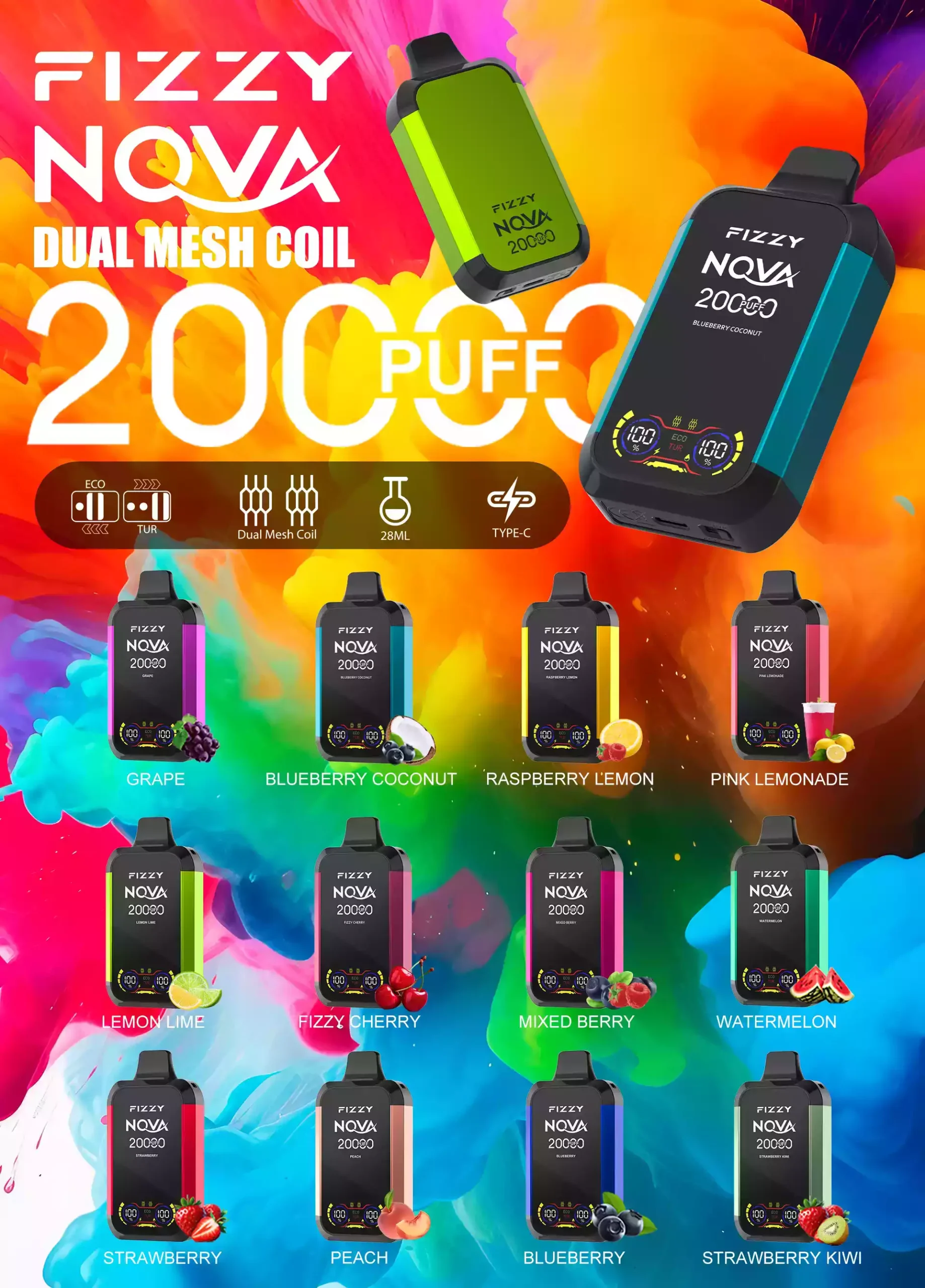 Fizzy Nova 20000 Puffs Disposable Vape with Mesh Coil and 28ml Prefilled Liquid Offering 0% 2% 5% Nicotine Options (15) Fizzy Nova 20000 Puffs Disposable Vape with Mesh Coil and 28ml Prefilled Liquid Offering 0% 2% 5% Nicotine Options (15)