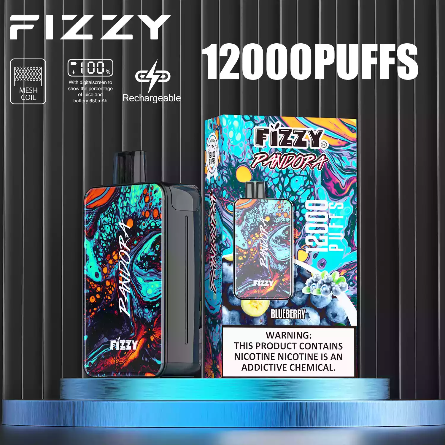 Fizzy Pandora 12000 Puffs Disposable Vape with Smooth Mesh Coil and 20ml Prefilled Liquid (3) Fizzy Pandora 12000 Puffs Disposable Vape with Smooth Mesh Coil and 20ml Prefilled Liquid (3)