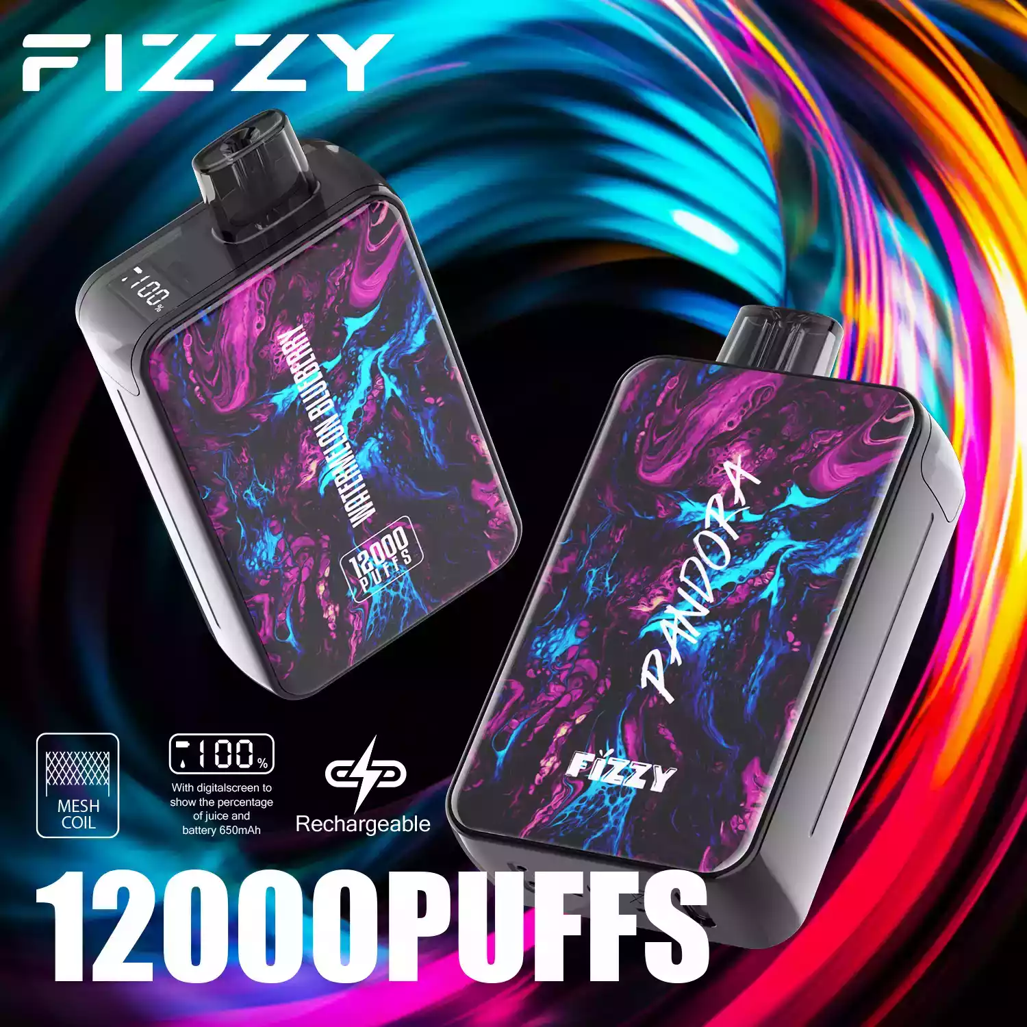 Fizzy Pandora 12000 Puffs Disposable Vape with Smooth Mesh Coil and 20ml Prefilled Liquid (4) Fizzy Pandora 12000 Puffs Disposable Vape with Smooth Mesh Coil and 20ml Prefilled Liquid (4)