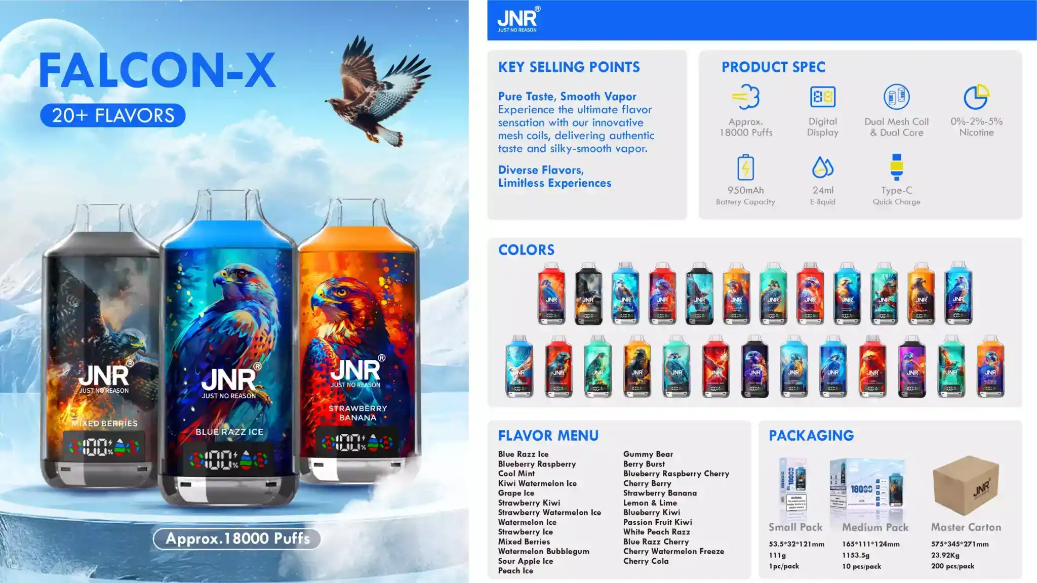 JNR Falcon X 18000 Puffs 0% 2% 5% Nicotine LCD Display Disposable Vape (26) JNR Falcon X 18000 Puffs 0% 2% 5% Nicotine LCD Display Disposable Vape (26)