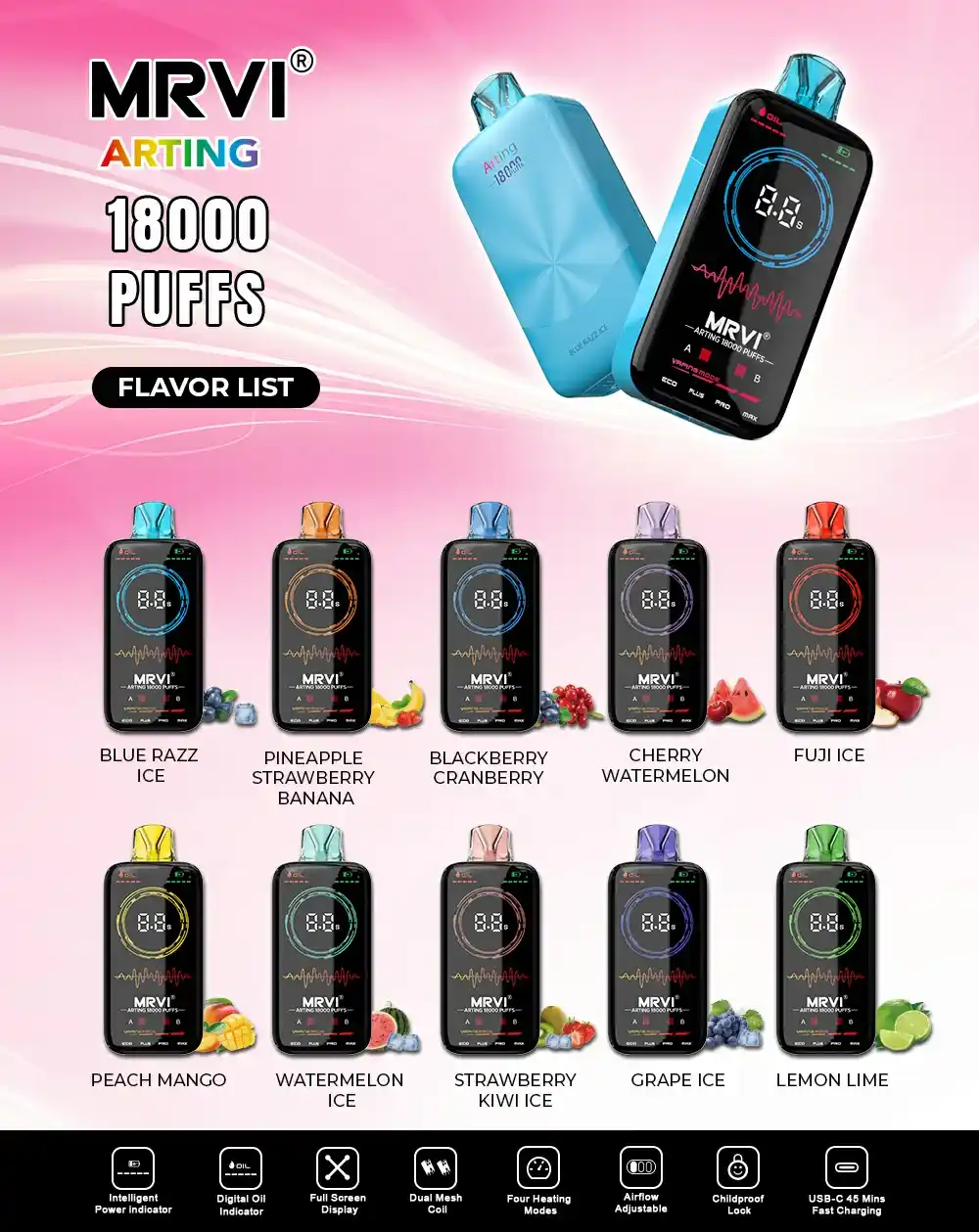 MRVI Arting 18000 Puffs 2% 5% Nicotine, Dual Mesh Coil Disposable Vape Pen (11) MRVI Arting 18000 Puffs 2% 5% Nicotine, Dual Mesh Coil Disposable Vape Pen (11)
