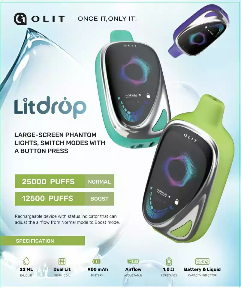 OLIT LIT DROP 25000 Puffs Disposable Vape 0.35% Nicotine – 25ml E-Liquid for a Smooth Vaping Experience (9) OLIT LIT DROP 25000 Puffs Disposable Vape 0.35% Nicotine – 25ml E-Liquid for a Smooth Vaping Experience (9)
