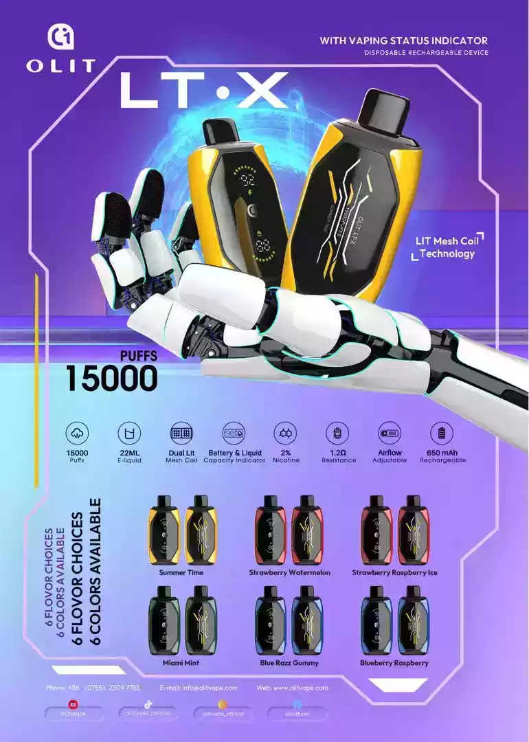 OLIT LT X 15000 Puffs Wholesale Disposable Vape with 22ml Prefilled Liquid and Dual Mesh Coil (11) OLIT LT X 15000 Puffs Wholesale Disposable Vape with 22ml Prefilled Liquid and Dual Mesh Coil (11)