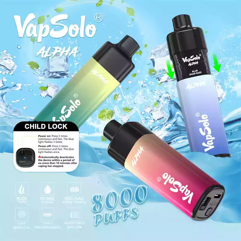 Vapsolo Alpha 8000 Puffs Disposable Vape with Child Lock & Adjustable Airflow (1) Vapsolo Alpha 8000 Puffs Disposable Vape with Child Lock & Adjustable Airflow (1)