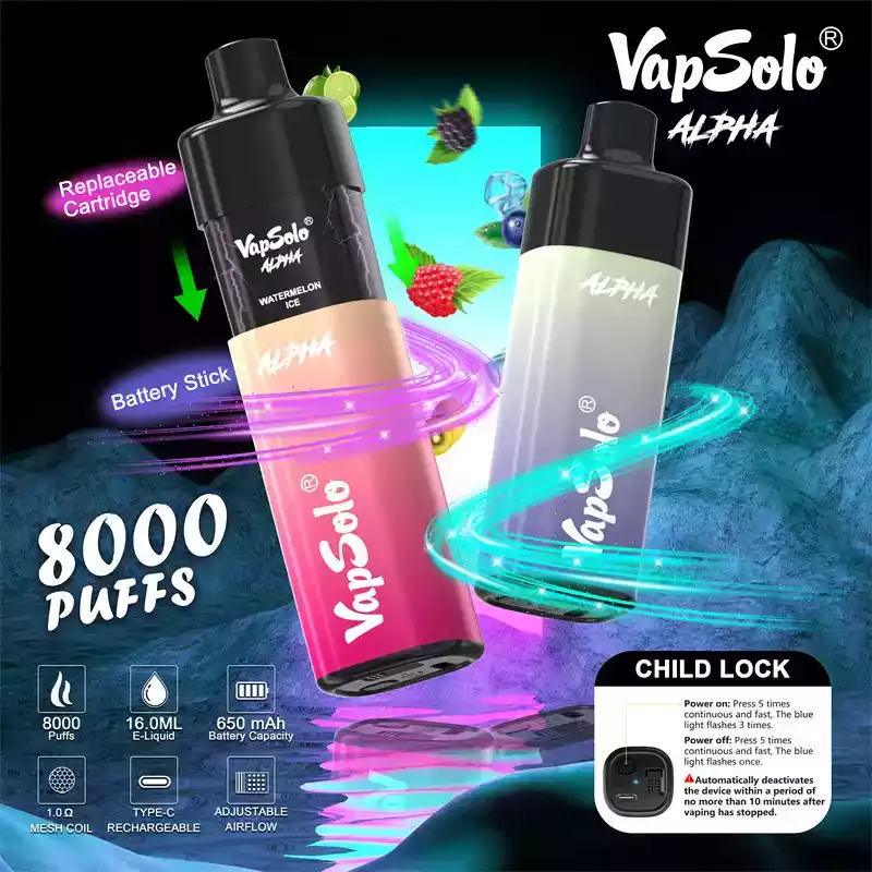 Vapsolo Alpha 8000 Puffs Disposable Vape with Child Lock & Adjustable Airflow (2) Vapsolo Alpha 8000 Puffs Disposable Vape with Child Lock & Adjustable Airflow (2)