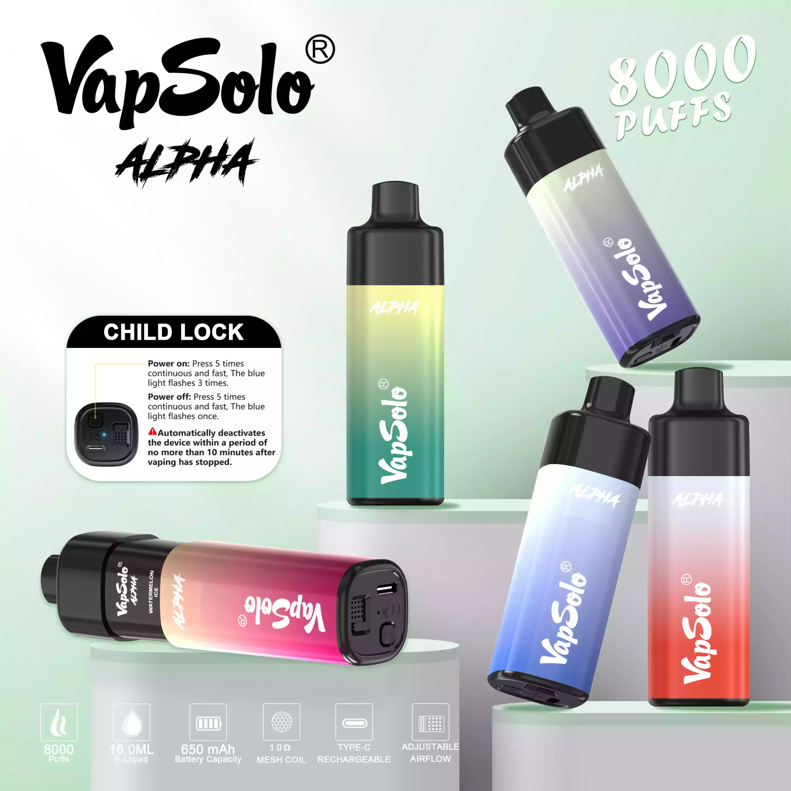 Vapsolo Alpha 8000 Puffs Disposable Vape with Child Lock & Adjustable Airflow (5) Vapsolo Alpha 8000 Puffs Disposable Vape with Child Lock & Adjustable Airflow (5)