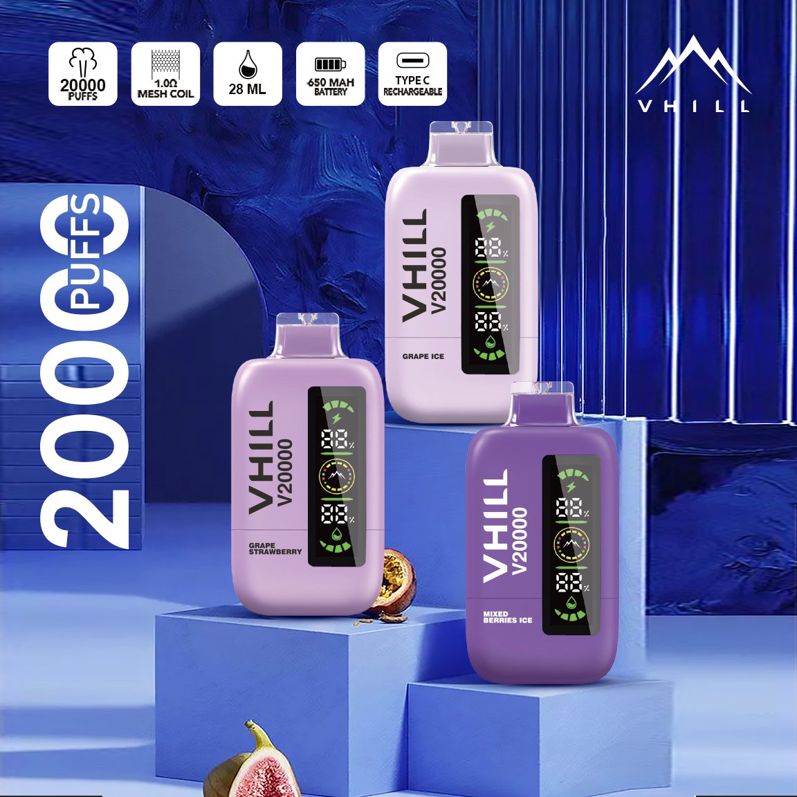 Vhill 20000 Puffs Three Tanks, LCD Display, Mesh Coil Disposable Vape Pen (2) Vhill 20000 Puffs Three Tanks, LCD Display, Mesh Coil Disposable Vape Pen (2)