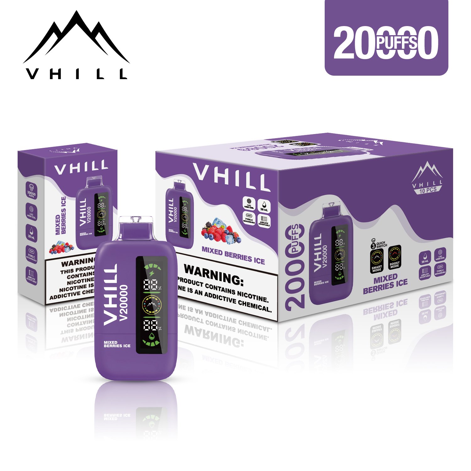 Vhill 20000 Puffs Three Tanks, LCD Display, Mesh Coil Disposable Vape Pen (8) Vhill 20000 Puffs Three Tanks, LCD Display, Mesh Coil Disposable Vape Pen (8)