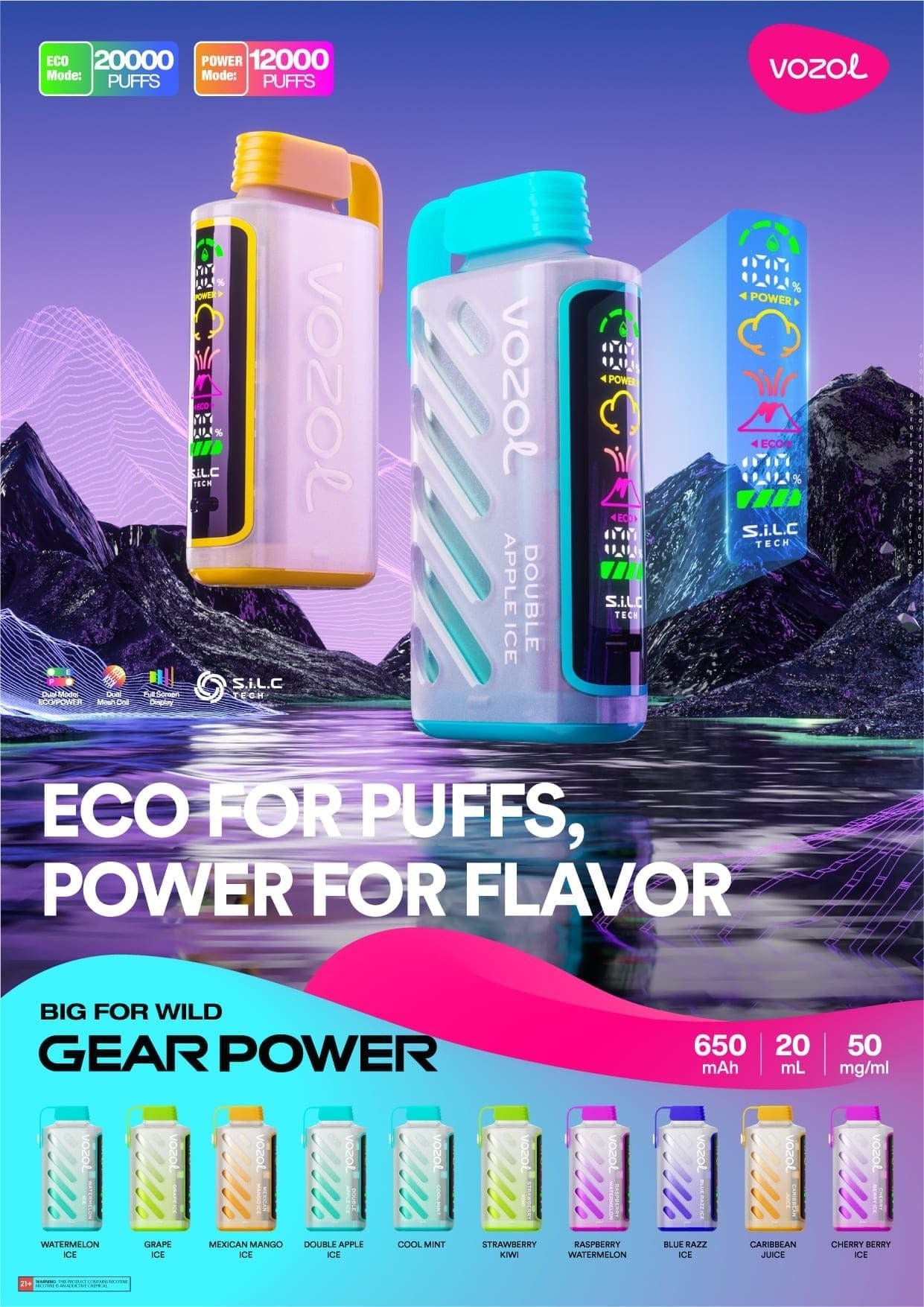 Vozol Gear Power 20K Puffs Three Tanks, LCD Display, Mesh Coil Disposable Vape Pen (2) Vozol Gear Power 20K Puffs Three Tanks, LCD Display, Mesh Coil Disposable Vape Pen (2)