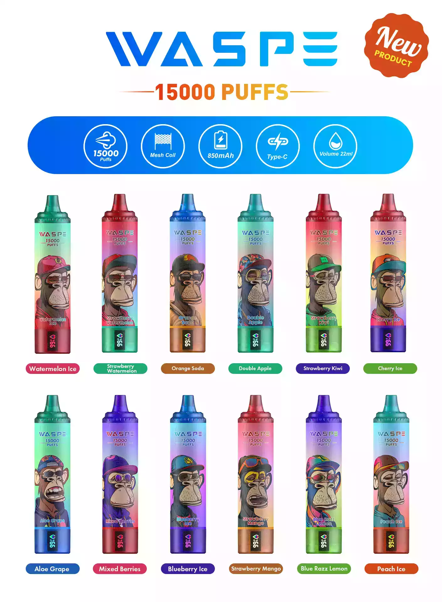 WASPE 15000 Puffs Digital Box Disposable Vape with LCD Display (11) WASPE 15000 Puffs Digital Box Disposable Vape with LCD Display (11)