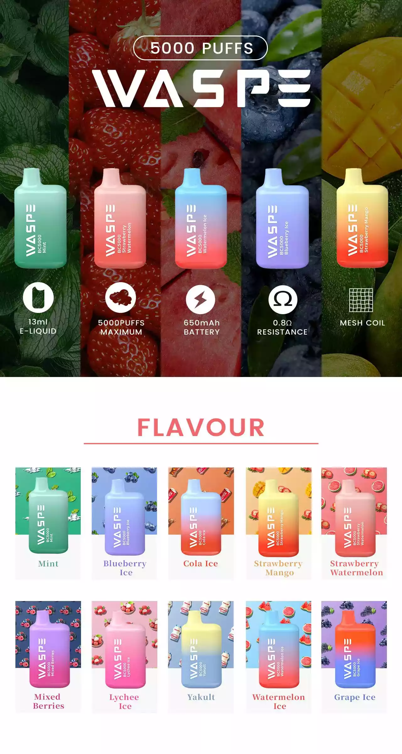 WASPE 5000 Puffs Disposable Vape with Mesh Coil and Premium E-liquid (11) WASPE 5000 Puffs Disposable Vape with Mesh Coil and Premium E-liquid (11)