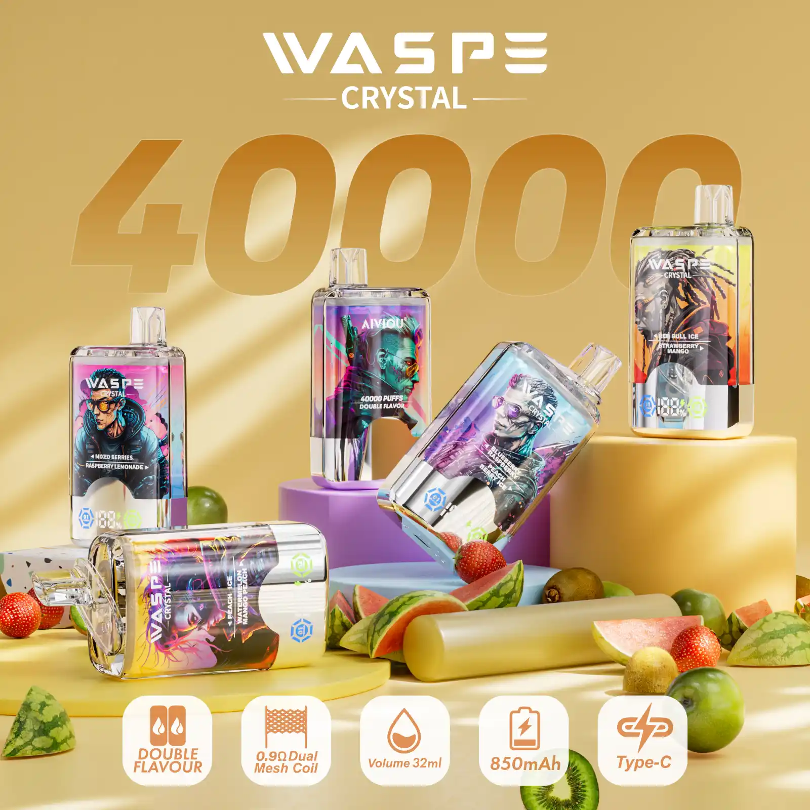 Waspe Crystal 40000 Puffs Double Flavor, LCD Display, Mesh Coil Disposable Vape Pen (25) Waspe Crystal 40000 Puffs Double Flavor, LCD Display, Mesh Coil Disposable Vape Pen (25)