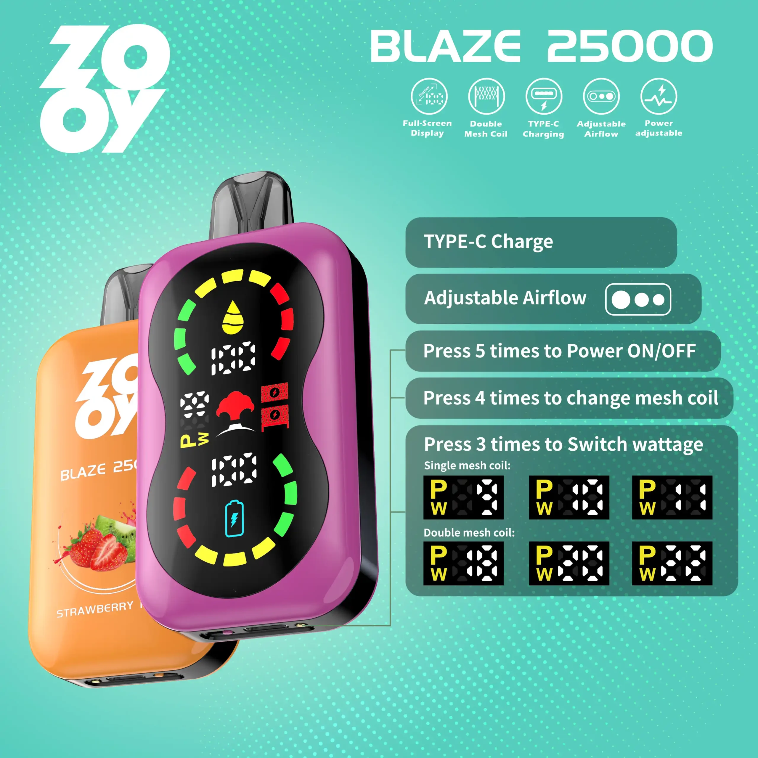 Zooy Blaze 25000 Puffs –Child Lock, LCD Display, Mesh Coil Disposable Vape Pen (14) Zooy Blaze 25000 Puffs –Child Lock, LCD Display, Mesh Coil Disposable Vape Pen (14)