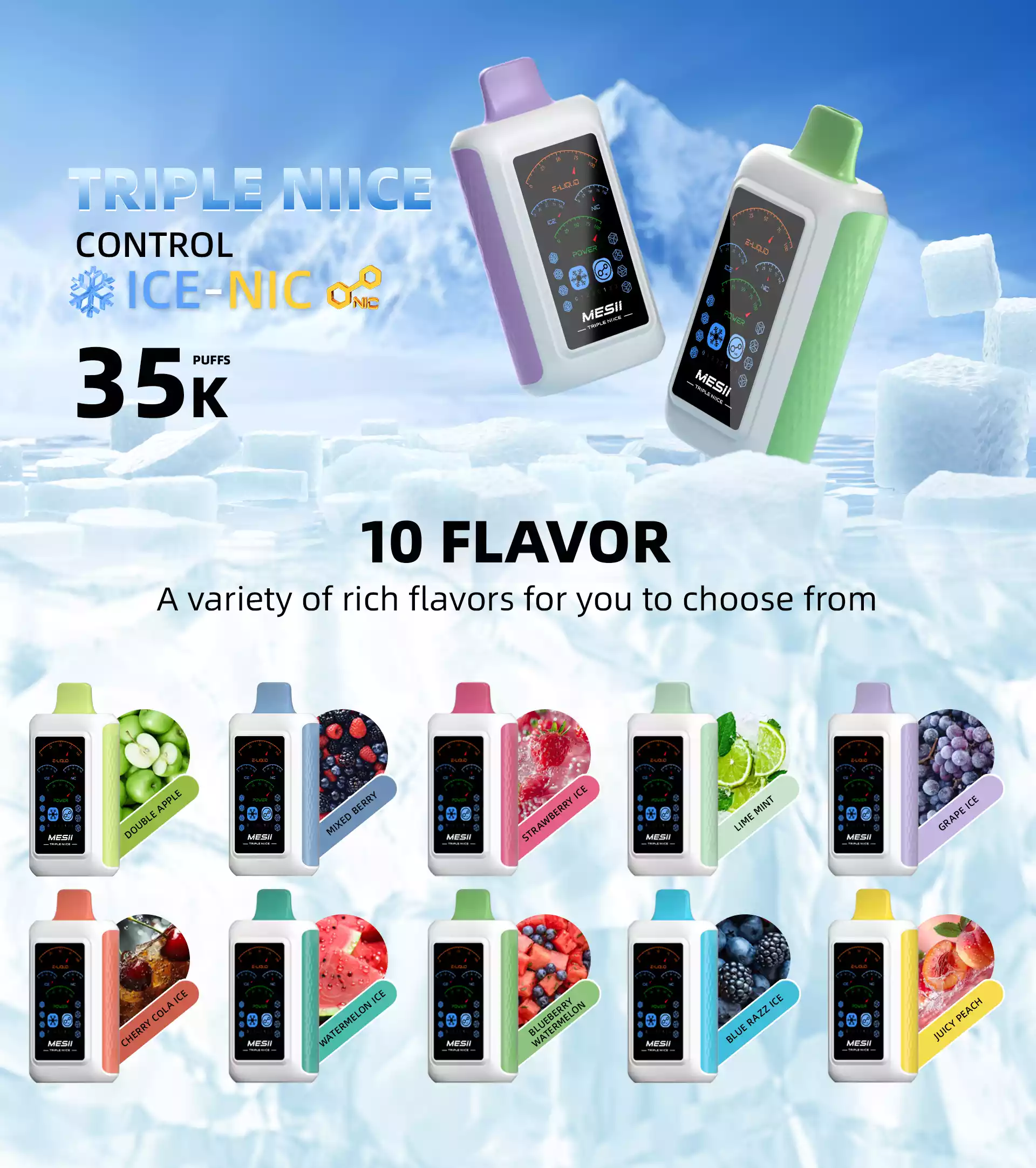 Mesii Triple NIICE 35K Puffs Ice-Nic Control Vape Desechable con Pantalla Digital (6) Mesii Triple NIICE 35K Puffs Ice-Nic Control Vape Desechable con Pantalla Digital (6)
